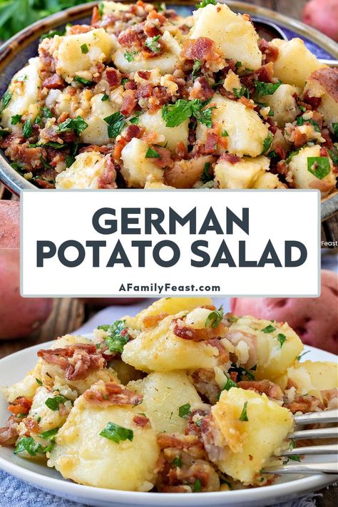 German Potato Salad - A Family Feast Best German Potato Salad, Potato Salad With Bacon, Warm Potato Salad, German Potato Salad Recipe, German Food Authentic, Warm Potato Salads, Red Potato Salad, Bacon Potato Salad, German Potato