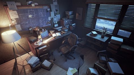 Ubisoft Toronto NXT showcase 2016_The Detective's office, Le Zhang on ArtStation at https://www.artstation.com/artwork/2yraY Office Concept Art, Detective Room, Noir Office, Detective Office, Office Concept, Noir Detective, Detective Game, Detective Aesthetic, Art Noir