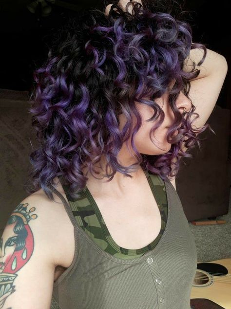 Natural Curly Purple Hair, Curly Hair Bright Color Ideas, Curly Hair With Purple Tips, Purple Balayage Curly Hair Natural Curls, Vivid Color On Curly Hair, Curly Hair Dye Purple, Short Curly Hair Purple Highlights, Curly Dyed Hair Purple, Color Block Hair Ideas Curly