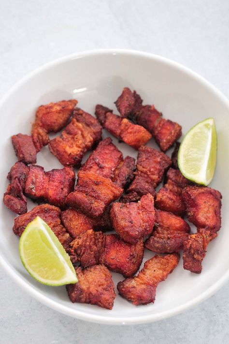 Air Fryer Pork Belly (Latin Style Chicharrones) - Cooked by Julie Chicharones Recipe Air Fryer, Chicharrones Recipe Air Fryer, Air Fryer Chicharrones, Chicharones Recipe, Chicharrones Recipe, Air Fryer Pork Belly, Pork Belly Bites, Air Fryer Pork, Pork Seasoning