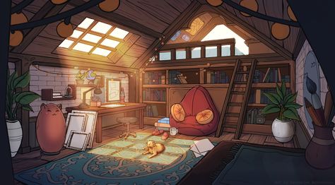 A Cat Story, Katherine Kotovskaya on ArtStation at https://www.artstation.com/artwork/481LWl Cat Story, Bedroom Drawing, Fantasy Rooms, Bg Design, Isometric Art, Interior Concept, House Drawing, Animation Background, Environment Design