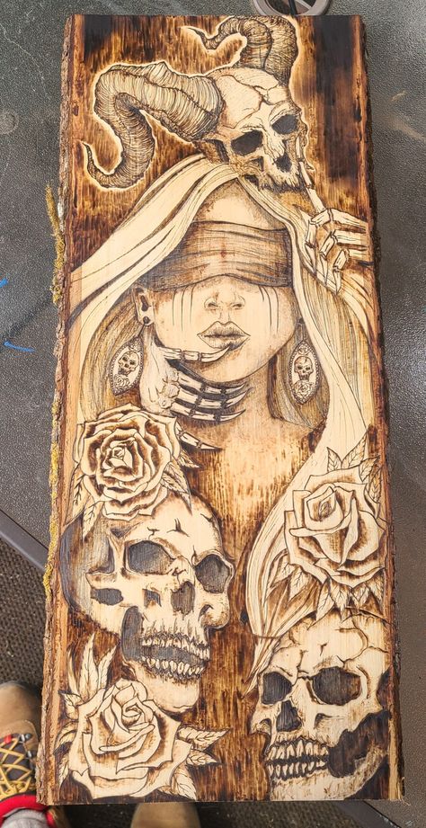 Woodburing on a 9.5x23x1 wood slab. A demon holding a woman and shhh -ing her from screaming. Roses and skulls. Halloween, spooky season art. Wood Burning Aesthetic, Burn Wood Art, Pyrography Art Woodburning, Wood Burning Art Ideas, Halloween Pyrography, Wood Burning Art Patterns, Gothic Wood Burning Ideas, Witchy Pyrography Ideas, Wood Burning Patterns Sculptures & Statues