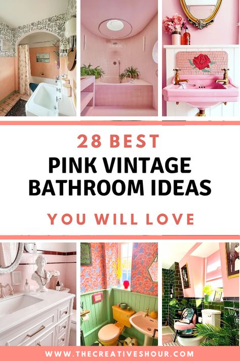 Discover timeless charm with pink vintage bathroom ideas. Explore elegant fixtures, retro tiles, and décor tips. Pink And Gold Small Bathroom, Rose Bathroom Paint, Pink Tile Bathroom With Wallpaper, 70s Pink Bathroom Remodel, Traditional Pink Bathroom, Pink Bathtub Ideas, Pink Floor Bathroom, Retro Pink Tile Bathroom Makeover, Dusty Pink Tiles Bathroom