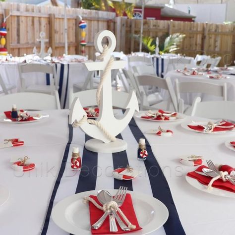 Newton Farm CO. on Instagram: “We made six of these anchors for the centerpiece to this nautical themed party. We love how @unikdecorations added the rope to the anchors…” Nautical Party Centerpieces, Nautical Centerpiece Ideas, Nautical Table Centerpieces, Anchor Theme Party, Anchor Centerpiece, Nautical Theme Party Decorations, Boat Party Theme, Nautical Wedding Centerpieces, Nautical Centerpiece