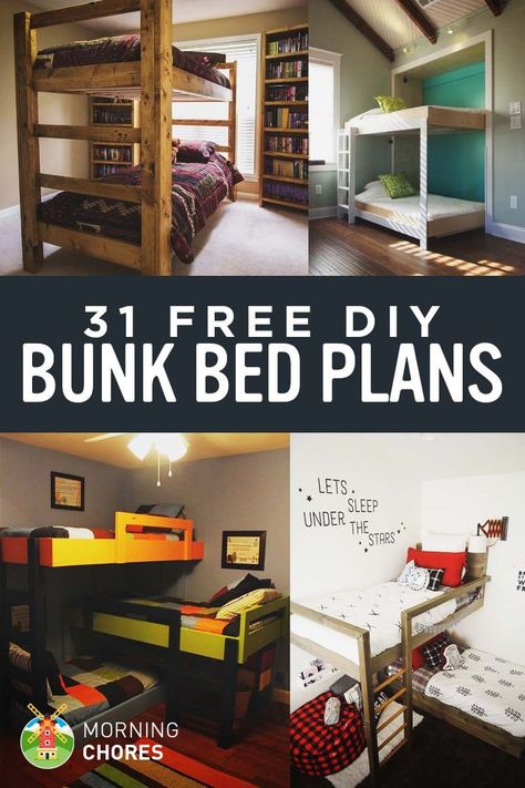 31 Free DIY Bunk Bed Plans  (scheduled via http://www.tailwindapp.com?utm_source=pinterest&utm_medium=twpin&utm_content=post179690307&utm_campaign=scheduler_attribution) Diy Bunk Beds Plans, Bunk Bed Ideas Diy, Bunk Bed Plans, Triple Bunk Beds, Diy Bunk Bed, Cool Bunk Beds, Murphy Bed Plans, Bunk Beds With Stairs, Bunk Bed Designs