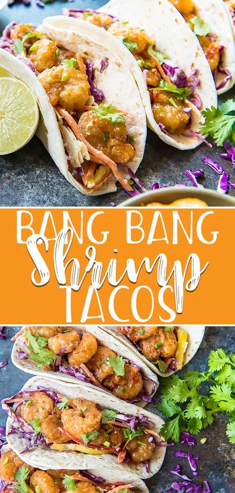 Coconut Coleslaw, Bang Bang Shrimp Tacos, Spicy Seafood, Seafood Dinner Recipes, Shrimp Taco, Mango Slaw, Shrimp Taco Recipes, Bang Bang Shrimp, Crispy Shrimp