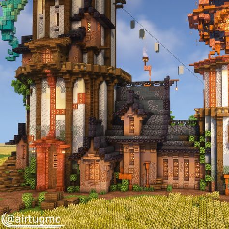 Minecraft Alchemist House, Minecraft Steampunk Castle, Minecraft Wizard Tower, Steam Punk Minecraft Builds, Steampunk Mc Builds, Steampunk Tower Minecraft, Minecraft Create Mod, Minecraft Creator, Minecraft Create