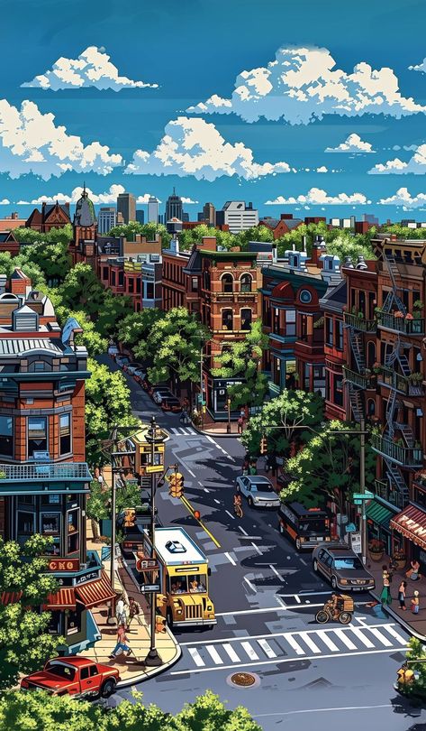 Ghibli Landscape, Illustration City, Architecture Series, Pixel Art Landscape, Dreamy Artwork, Building Illustration, City Drawing, City Illustration, Cool Wallpapers Cartoon