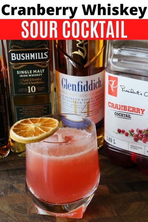 Cranberry Whiskey Sour, Homemade Sour Mix, Whiskey Cocktails Easy, Cranberry Cocktail Recipe, Whiskey Sour Cocktail, Whiskey Sour Recipe, Christmas Cranberry, Cocktail Recipes Whiskey, Whiskey Recipes