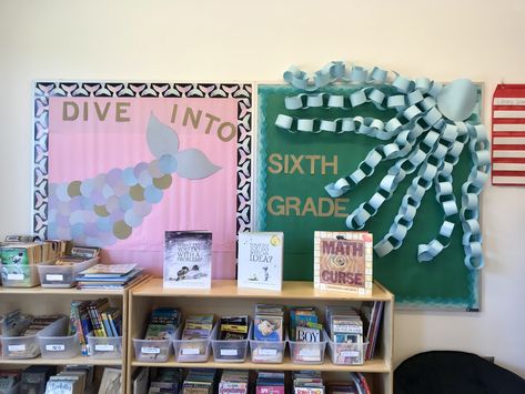 Under the sea themed bulletin board- mermaid and octopus Mermaid Bulletin Board, Under The Sea Book Fair Ideas, Ocean Themed Library Display, Under The Sea Themed Book Fair, Under The Sea Teacher Door, Under The Sea Library Bulletin Board, Underwater Theme, Sixth Grade, Classroom Themes