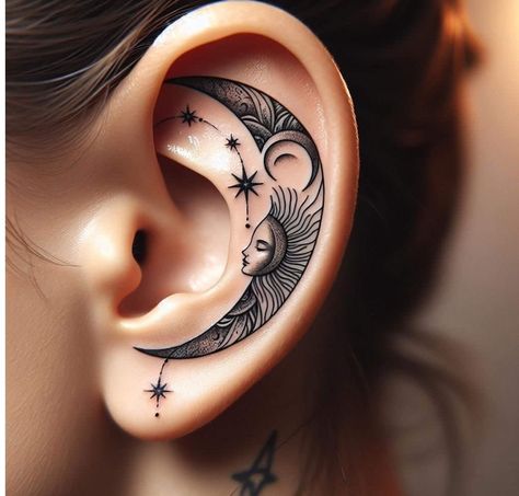 Moon And Stars Ear Tattoo, Inner Ear Tattoo With Piercing, Inner Ear Tattoo Ideas, Star Ear Tattoo, Ear Tattoos Women, Ear Tattoo Inner, Night Sky Tattoos, Lisa Tattoo, Inner Ear Tattoo