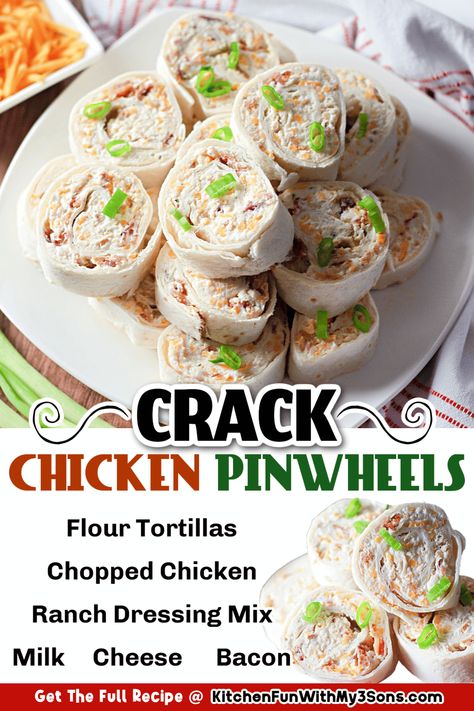 When you need a super quick and easy snack or appetizer, make Crack Chicken Pinwheels. Chicken, bacon, cream cheese, ranch dressing seasoning, and cheese whipped into a flavorful filling then rolled up in flour tortillas and sliced into rounds; a lot of big flavor packed into these little bites. Ranch Dressing Seasoning, Crockpot Chicken And Gravy, Chicken Pinwheels, Chicken Roll Ups, Tortilla Rolls, Homemade Salsa Recipe, Roll Ups Tortilla, Pinwheel Recipes, Snacks To Make