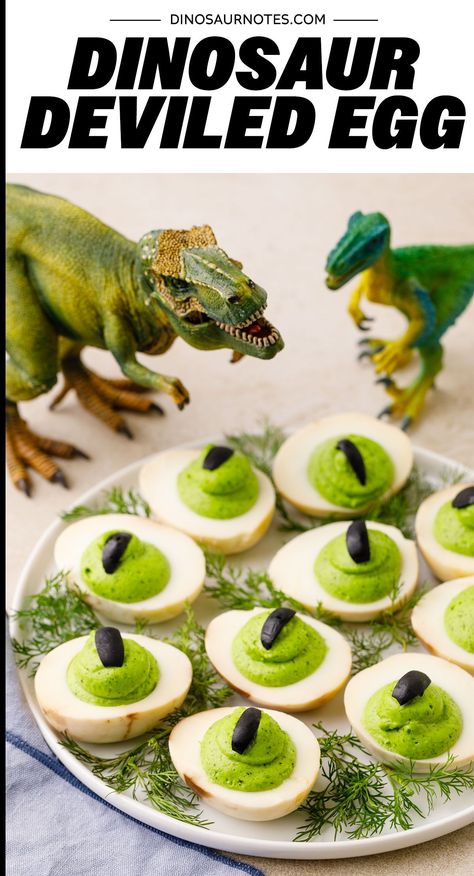 Whip up these Dinosaur Deviled Eggs for an easy dinosaur themed appetizer or snack! Simple, quick, and SO YUMMY. Dino Deviled Eggs, Dinosaur Deviled Eggs, Dinosaur Party Foods, Dinosaur Baby Shower Food Ideas, Dinosaur Fruit Tray, Dinosaur Snacks For Party, Dino Themed Food Party Ideas, Jurassic Park Party Food, Dino Themed Food