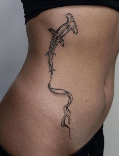 Shark Hip Tattoos Women, Shark Spine Tattoos For Women, Abstract Shark Tattoo, Shark Tattoo Ribs, Shark Hip Tattoo, Shark Tattoo Back, Shark Rib Tattoo, Hammer Head Shark Tattoos, Shark Back Tattoo