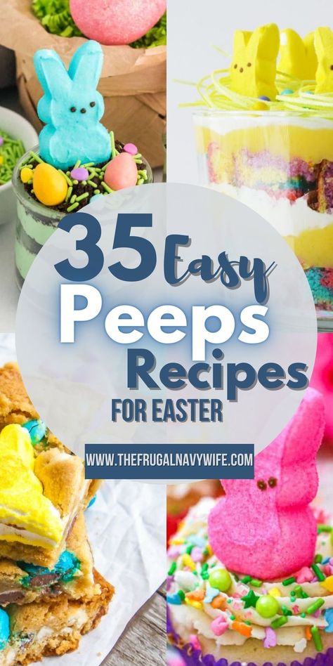 We all love Peeps with them being big for Easter so here are Easy Easter Recipes that include Peeps! Pick your favorite and enjoy! #frugalnavywife #peeps #recipes #easter #easterrecipes #peepsrecipes #holidays | Recipes for Easter | Dessert Recipes | Recipes with Peeps | Peeps Recipes for Easter | Peep Recipes Ideas, Easter Deserts Recipes, Desserts With Peeps, Recipes With Peeps, Halloween Peeps Recipes, Easy Easter Desserts With Peeps, Easter Smores With Peeps, Peeps Dessert, Easter Salad