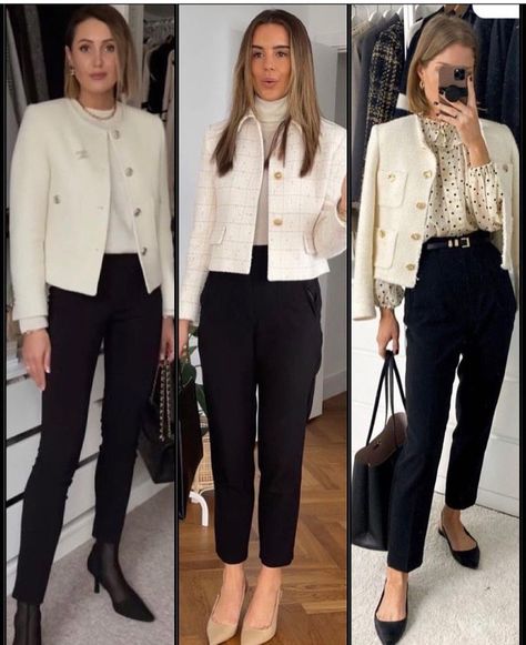 Short White Blazer Outfit, Short Blazer Outfits For Women, White Blazer Outfit Work, Channel Tweed, Outfit For Short Women, Bussines Casual Woman, Friday Outfit For Work, Black Coat Outfit, Tweed Jacket Outfit