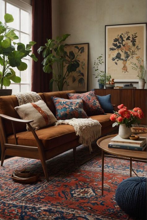 Brown Couch Interior Design, Chocolate Couch Living Room Ideas, Camel Couch Living Room Color Schemes, Cozy Earthy Living Room, Vintage Living Room Ideas, Sala Vintage, Warm Living Room, Kalk Bay, Luxury Sofa Living Room