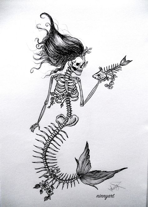 Hase Tattoos, Mermaid Tattoo Meaning, Mermaid Skull, Mermaid Skeleton, Kunst Tattoos, Skeleton Illustration, Skeleton Tattoos, Mermaid Tattoo, Mermaid Tattoos