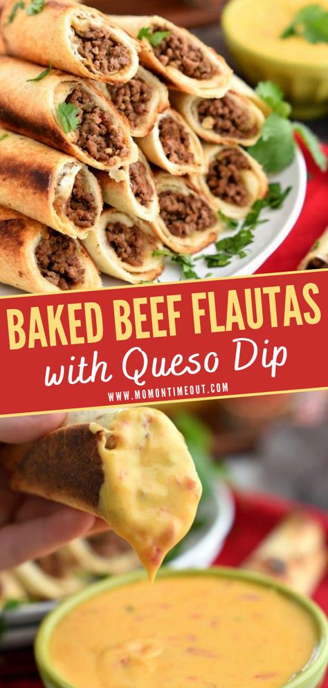 Queso Meal Ideas, Non Greasy Food Recipes, Ground Beef Flautas Recipe, Ground Beef Flautas, Beef Flautas Recipe, Tortilla Meals, Beef Flautas, Easy Game Day Food, Atkins Meals