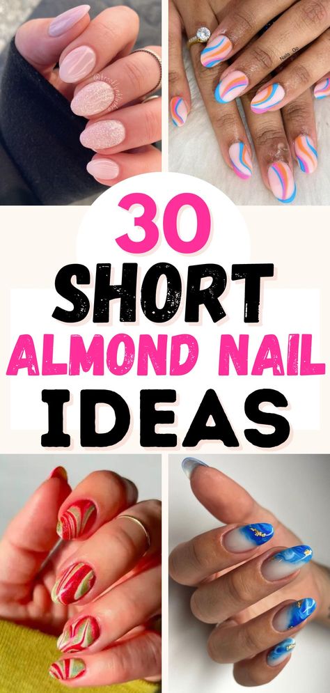 short almond nails Colorful Nail Designs Almond Shape, Almond Short Gel X Nails, Spring Short Almond Shaped Nails, Simple Spring Nail Ideas Almond Shape, Cute Nail Ideas Almond Shape Short, Short Oval Spring Nails, Medium Almond Acrylic Nails Summer, Xs Almond Nails Design, Simple Summer Nails Almond Shape