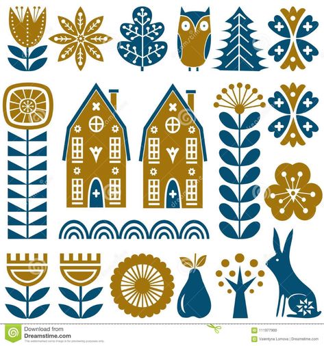 Folk Illustration, Modern Folk Art, Arte Folk, Scandinavian Pattern, Folk Art Flowers, Folk Design, Scandinavian Folk Art, Folk Embroidery, Gold And Blue