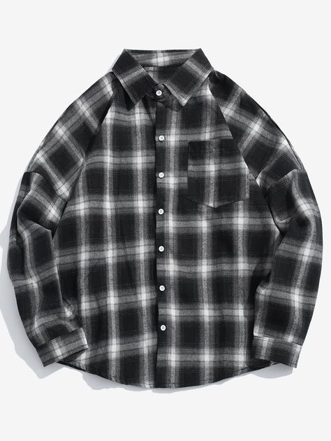 Drop Shoulder Plaid Shirt with Pocket  BLACK RED , #Affiliate, #Plaid, #Shoulder, #Drop, #Shirt, #RED #Ad Check Shirts For Girls, Checkered Shirt Outfit, Black Check Shirt, Gingham Outfit, Shein Men, Mens Shirts Online, Trendy Boy Outfits, Black And White Flannel, Shirt With Pocket