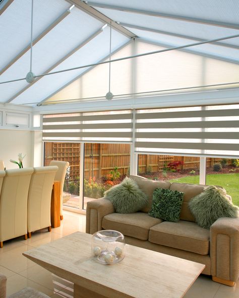 Many customers choose to install blinds into their conservatory or glass extension to reduce the amount of heat and light in the summer months. ⁠ ⁠ Watch our latest IGTV video for top tips on how to keep your conservatory cool this summer. This includes keeping your blinds extended throughout the day and keeping the room well ventilated. ⁠ ⁠ ⁠ Blinds In Conservatory, Conservatory Window Coverings, Blinds For Conservatory Windows, Townhome Aesthetic, Conservatory Roof Ideas, Conservatory Blinds Ideas, Blinds For Sliding Doors, Conservatory Curtains, Blind Fabrics