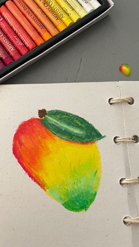 Mango Oil Painting, Easy Drawings Crayons, Easy Crayon Painting Ideas, Mango Oil Pastel Drawing, Crayola Crayon Drawing Ideas, Oil Pastel Art Cute, Oil Pastel Art For Beginners Tutorial, Oil Pastel Food, Mango Drawings