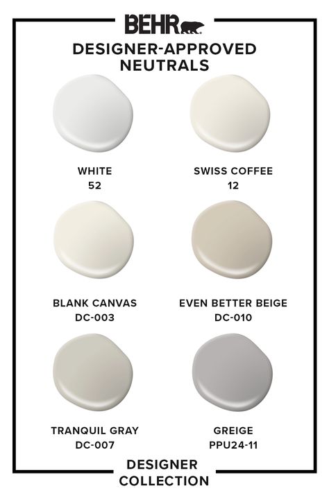 Choosing paint colors with confidence has never been easier with tried-and-true designer hues. Behr Paint Whole House Color Scheme, Behr Paint Colors For Kitchen Walls, Japandi Behr Paint, Neutral Paint Colors For Home, Japandi Paint Colors Behr, Behr Light Beige Paint Colors, Behr Light Greige Paint Colors, Neutral Paint Colors Behr, Behr Beige Paint Colors