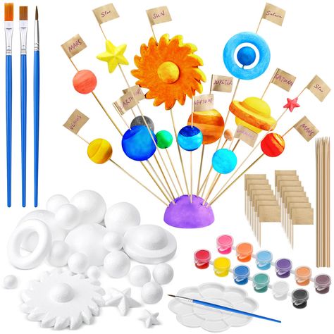 PRICES MAY VARY. Comprehensive Solar System Model Kit: this solar system model kit provides most things required for a complete set, including 20 pieces of foam balls of various sizes, 15 pieces of bamboo picks, 15 pieces of flags and art tools such as 3 pieces of paint brushes, 12 pieces of color pigments, and 1 piece of palette Size: foam balls include 2 pieces of 3.15 inches solid hemispheres, sun (4.72 inches), Saturn (3.15 inches), 1 piece of 2.36 inches, 1 piece of 2.17 inches, 4 pieces of Solar System Model Project, Solar System Project, Solar System Model, Solar System Projects, Painting Brushes, Paint Tray, System Model, Science Projects, Sewing Stores