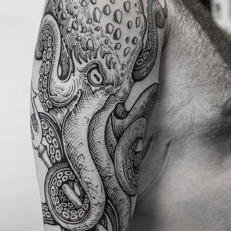 Tentacle Tattoo, Tattoo Octopus, Kraken Tattoo, Squid Tattoo, Etching Ideas, Poseidon Tattoo, Etching Tattoo, Woodcut Tattoo, Octopus Tattoo Design