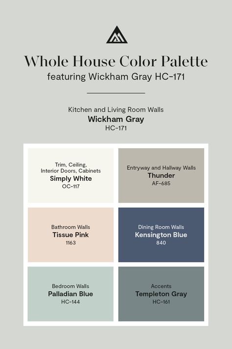 Bridge the gap between contemporary and modern with a whole home paint color palette featuring Benjamin Moore’s popular Wickham Gray HC-171 and other classic hues. Oxford Grey Benjamin Moore, Benjamin Moore Blue Gray Paint Colors, Puritan Gray Benjamin Moore, Benjamin Moore Oxford Gray, Benjamin Moore Whole House Color Scheme, Wickham Gray Benjamin Moore, Benjamin Moore Wickham Gray, Whole House Palette, Benjamin Moore Wedgewood Gray