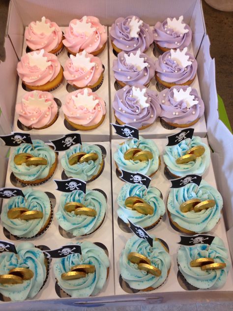 Pirate and Princess cupcakes Mermaid Pirate Cupcakes, Princess And Pirate Cake, Pixie And Pirates Birthday Party, Mermaid Pirate Birthday Cake, Mermaid And Pirate Cupcakes, Fairy And Pirate Party, Mermaid And Pirate Birthday Cake, Pirate And Fairy Birthday Party, Pirate Mermaid Birthday Party