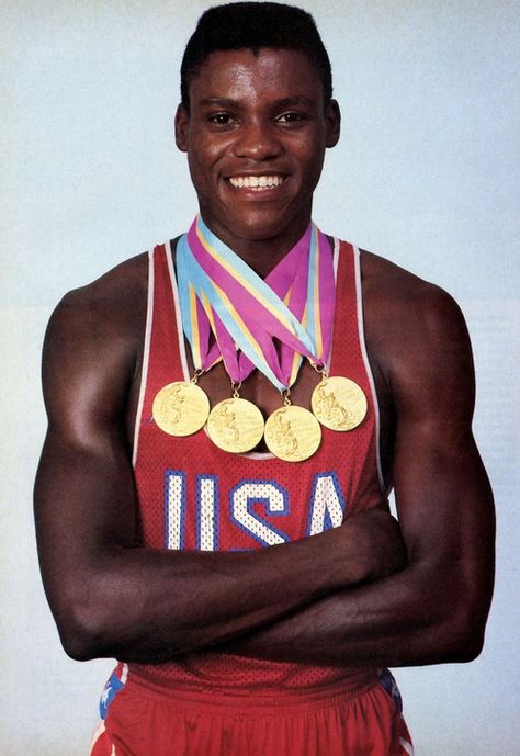 Carl Lewis, American former track and field athlete, actor, & UN Goodwill Ambassador. He won 10 Olympic medals (9 gold) & 10 World Championships medals (8 gold). His career spanned from 1979, when he first achieved a world ranking, to 1996 when he last won an Olympic title & subsequently retired. He has been voted Sportsman of the Century by the International Olympic Committee, named Athlete of the Year 3x by Track & Field News, & called Olympian of the Century by Sports Illustrated. Carl Lewis, Athletics Track, Field Athletes, Jesse Owens, Lakers Kobe, Uk City, Olympic Medals, Usa Olympics, Sport Icon