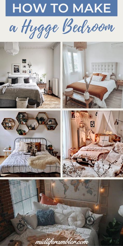 How to Make a Hygge Bedroom - These 10 hygge design ideas can help you bring the Scandinavian concept of hygge - coziness and contentment - to create your create your own hygge bedroom. Inspiration and ideas for hygge bedroom decor so you can make your very own hygge bedroom retreat. #hygge #hyggedecor #hyggebedroom #midliferambler Aesthetic House Bedroom, Hygge Bedroom Decor, Hygge Room, Hygge Bedroom Ideas, Scandinavian Concept, Hygge Interior, Hygge Bedroom, Hygge Design, Diy Cabinet