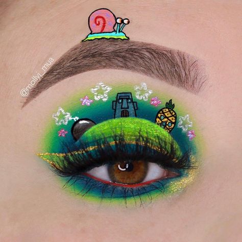 Spongebob Themed Makeup, Spongebob Eye Makeup, Spongebob Makeup Ideas, Spongebob Inspired Makeup, Gary Makeup, Spongebob Makeup Look, Movie Makeup Looks, Makeup Looks Crazy, Spongebob Rave