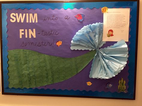 Mermaid themed RA bulletin board Mermaid Bulletin Board Ideas, Mermaid Bulletin Board, Door Name Tags, Superhero School, Daycare Classroom, Under The Sea Decorations, Ra Bulletin Boards, Library Themes, Mermaid Room