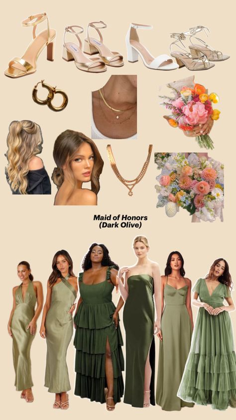 The inspo Cool Toned Bridesmaid Dresses, Shades Of Green Bridesmaids, Green Mismatched Bridesmaid Dresses, Shades Of Green Bridesmaid Dresses, Middle Earth Wedding, Olive Bridesmaid Dresses, Earth Wedding, Sage Green Bridesmaid, Wedding Party Bridesmaid