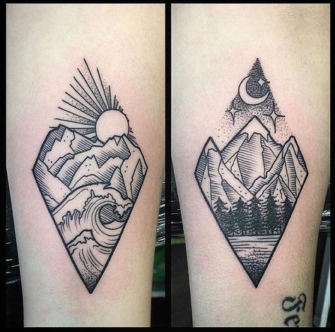 Nature Couples Tattoos, Matching Camping Tattoo, Couple Mountain Tattoos, Diamond Shaped Tattoo, Matching Nature Tattoos, Watercolor Heart Tattoos, Small Mountain Tattoo, Pnw Tattoo, Camping Tattoo