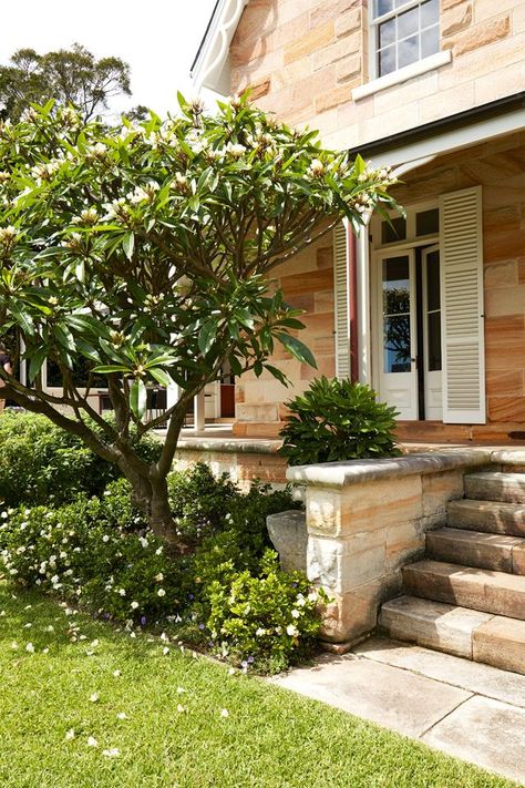 A Handsome Sandstone Home Overlooking Sydney Harbour | Belle Sandstone House Exterior, Sandstone House, Sydney Gardens, Cottage Windows, Sandstone Paving, Travertine Coffee Table, Australian Garden, Porcelain Wall Tile, Timber Door