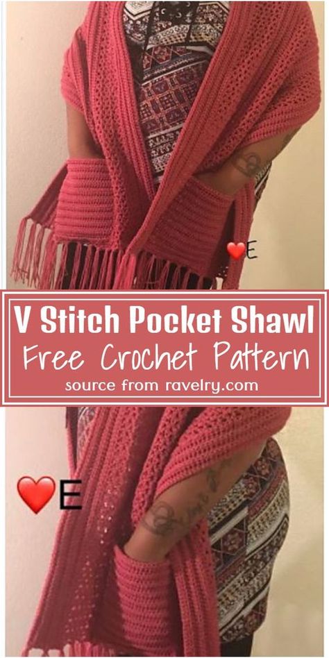 V Stitch Crochet Pocket Shawl Pattern #freecrochetpattern #crochetshawl #freecrochetpocketshawl #freecrochetpocketshawlpattern Free Crochet Pocket Shawl, Crochet Pocket Shawl, V Stitch Crochet, Pocket Shawl, Crochet Pocket, Crochet Shawl Pattern Free, Crochet Cable, Crochet Shawls And Wraps, Shawl Patterns