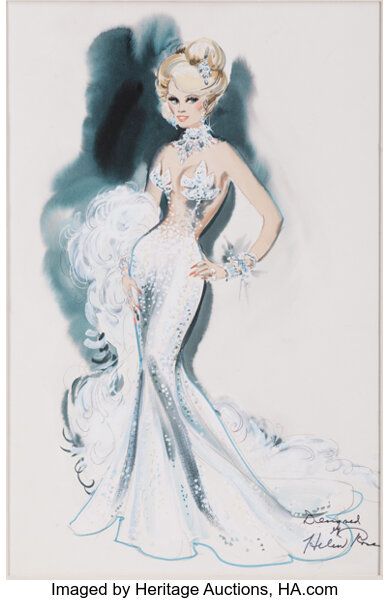 Helen Rose costume sketch of Mae West for Las Vegas stage show. ... | Lot #1354 | Heritage Auctions Las Vegas Costumes, Vintage Fashion Sketches, Helen Rose, Rose Costume, Barbie Pictures, Showgirl Costume, Old Hollywood Fashion, African Artwork, Hayden Williams