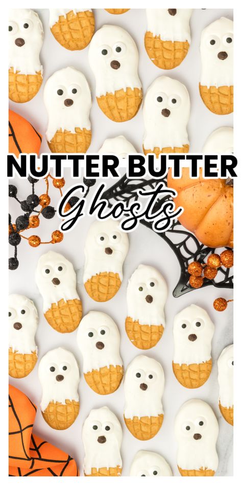 Nutter Butter Ghost Cookies on a Halloween decorated table Halloween Themes Party Food, Fun Halloween Sweet Treats, Butter Butter Ghosts, Kids Halloween Party Treats For School, Halloween Nutter Butter, Halloween Ghost Snacks, Nutter Butter Halloween Treats, Ghost Nutter Butter Cookies, Halloween Inspired Finger Foods