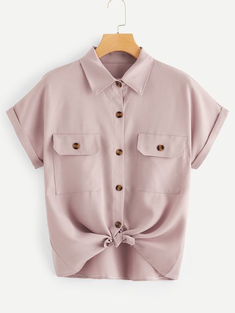 Button Through Dual Pocket Blouse | SHEIN Knotted Blouse, Pocket Blouse, Women Blouses, Roll Up Sleeves, Shein Style, Plus Size Blouses, Pink Fashion, Summer Shirts, Types Of Shirts