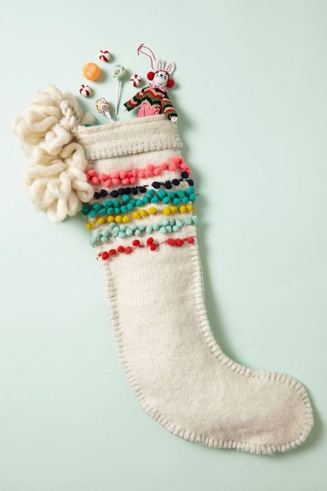 cutest stocking with pompoms Modern Christmas Stocking, Anthropologie Christmas, Camille Styles, Christmas Stockings Diy, Diy Pom Pom, Navidad Diy, A White Christmas, Boho Christmas, Boxing Day