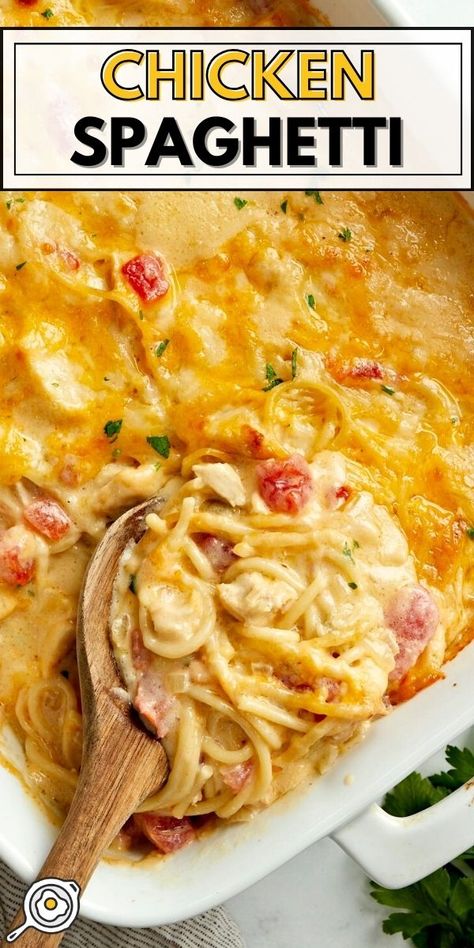 overhead photo of a baking dish of chicken spaghetti with a wooden spoon scooping and recipe title block at the top. Quick Chicken Spaghetti Recipe, Spaghetti White Sauce Recipes, Chicken Cheese Spaghetti, Chicken And Spaghetti Recipes, Southern Chicken Spaghetti Recipe, Creamy Spaghetti Recipes, Cheese Chicken Spaghetti, Baked Chicken Spaghetti Recipe, Recipes With Spaghetti Noodles