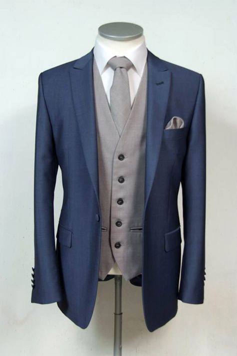 Blue Suit Grey Waistcoat, Wedding Suits Men Grey, Wedding Suit Styles, Lounge Suit, Wool Waistcoat, Blue Lounge, Wedding Suits Groom, Groom Tuxedo, Suits Men