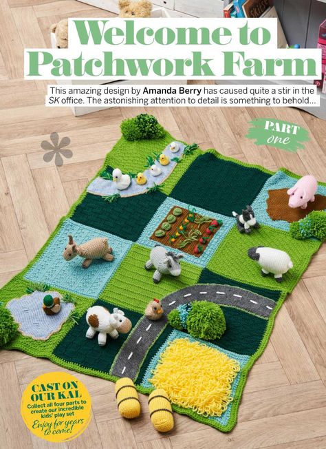 f0039-01 Farm Play, Farm Blankets, Knit Toys, Simply Knitting, Crochet Chain, Patchwork Blanket, Crochet Borders, Knitting Magazine, Farm Yard