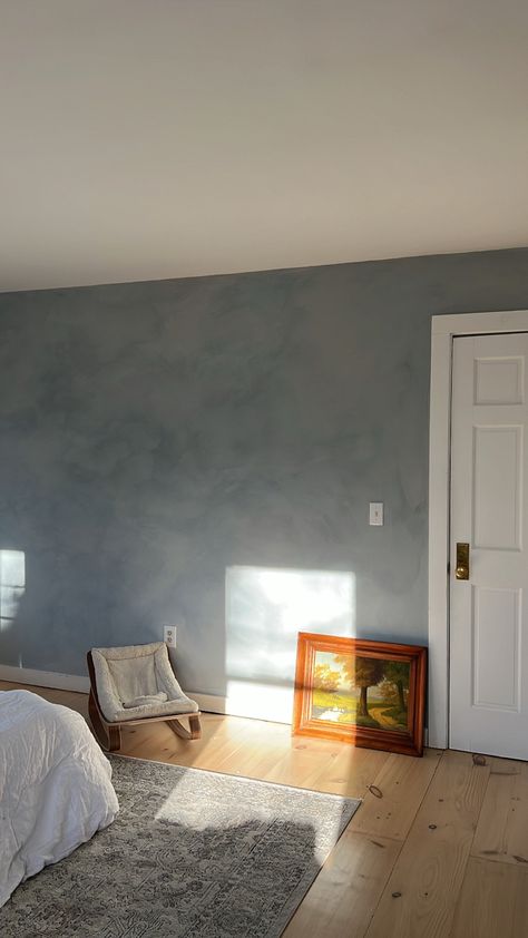 Bedroom Inspirations Limewash, Lime Washed Bedroom Walls, Light Blue Lime Wash Wall, Blue Lime Wash Bedroom, Bedroom Ideas Limewash, Blue Lime Wash Paint, Blue Limewash Paint, Lime Wash Blue Wall, Accent Wall Lime Wash