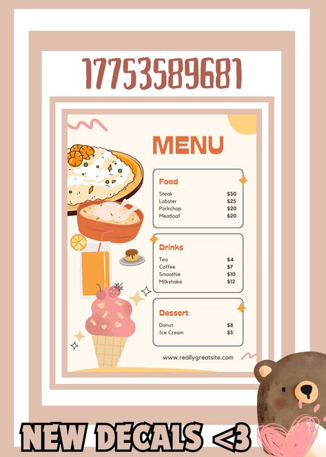 Bloxburg Menu Decals, Town Decals, Decal Bloxburg, Codes Wallpaper, Decals Bloxburg, Easy Tiramisu, Easy Tiramisu Recipe, I Miss You Guys, Decals Codes